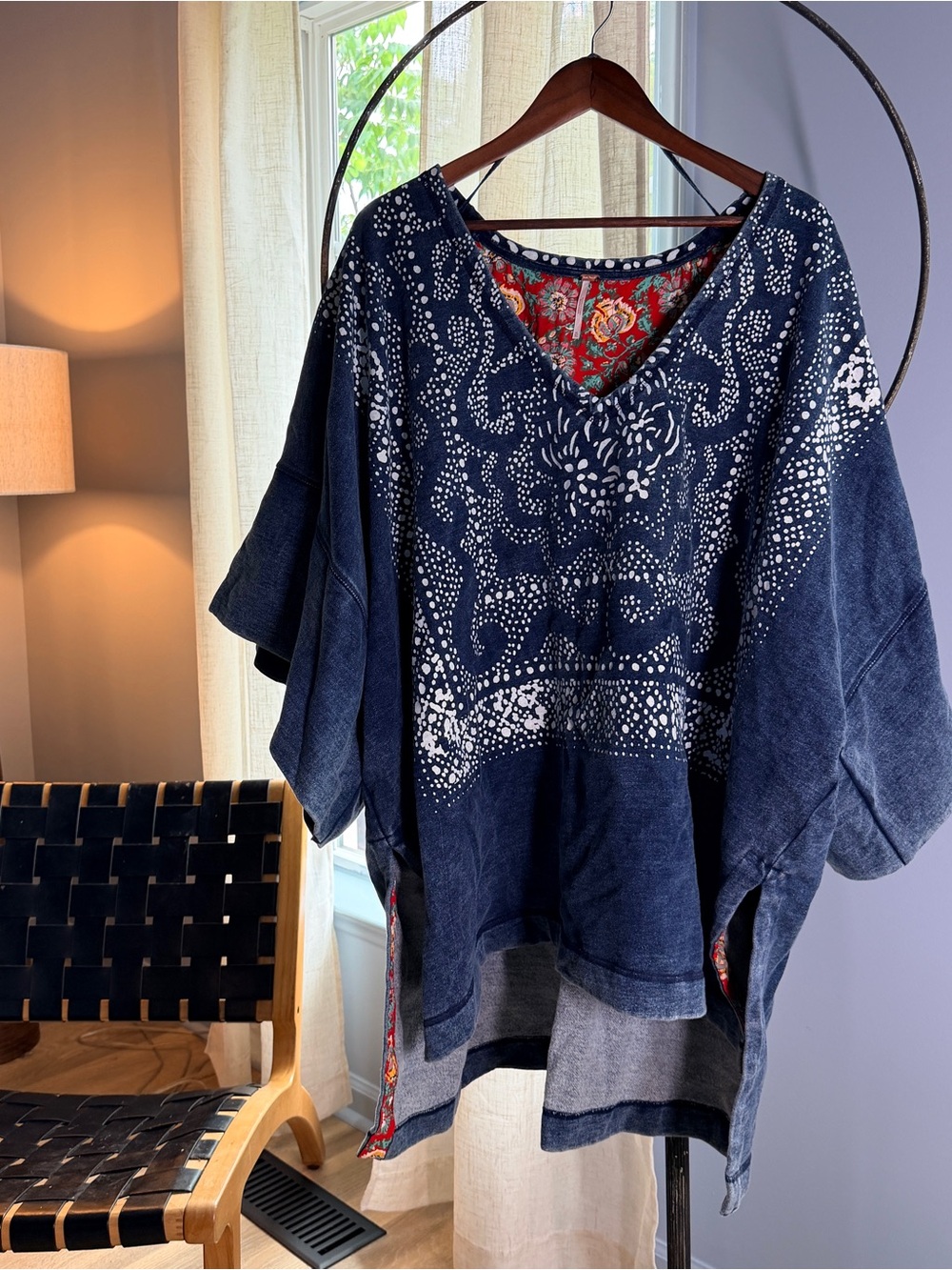 Free People Navy Blue Printed V-Neck Tunic with Red Floral Lining